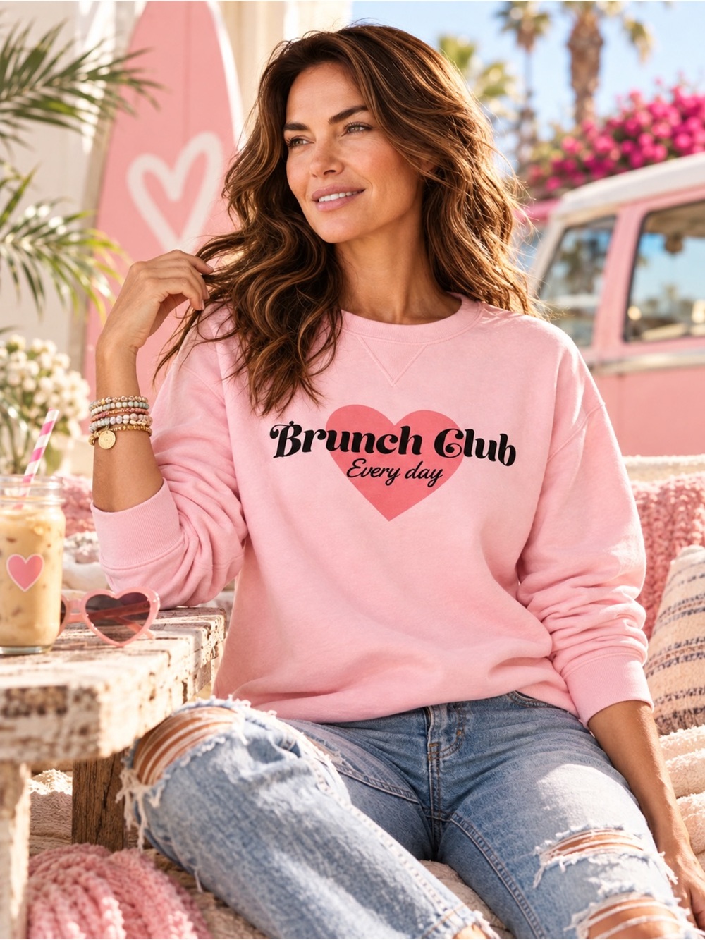 Wildfox Brunch Club Heart Graphic Pink French Terry Sweatshirt NWT XL